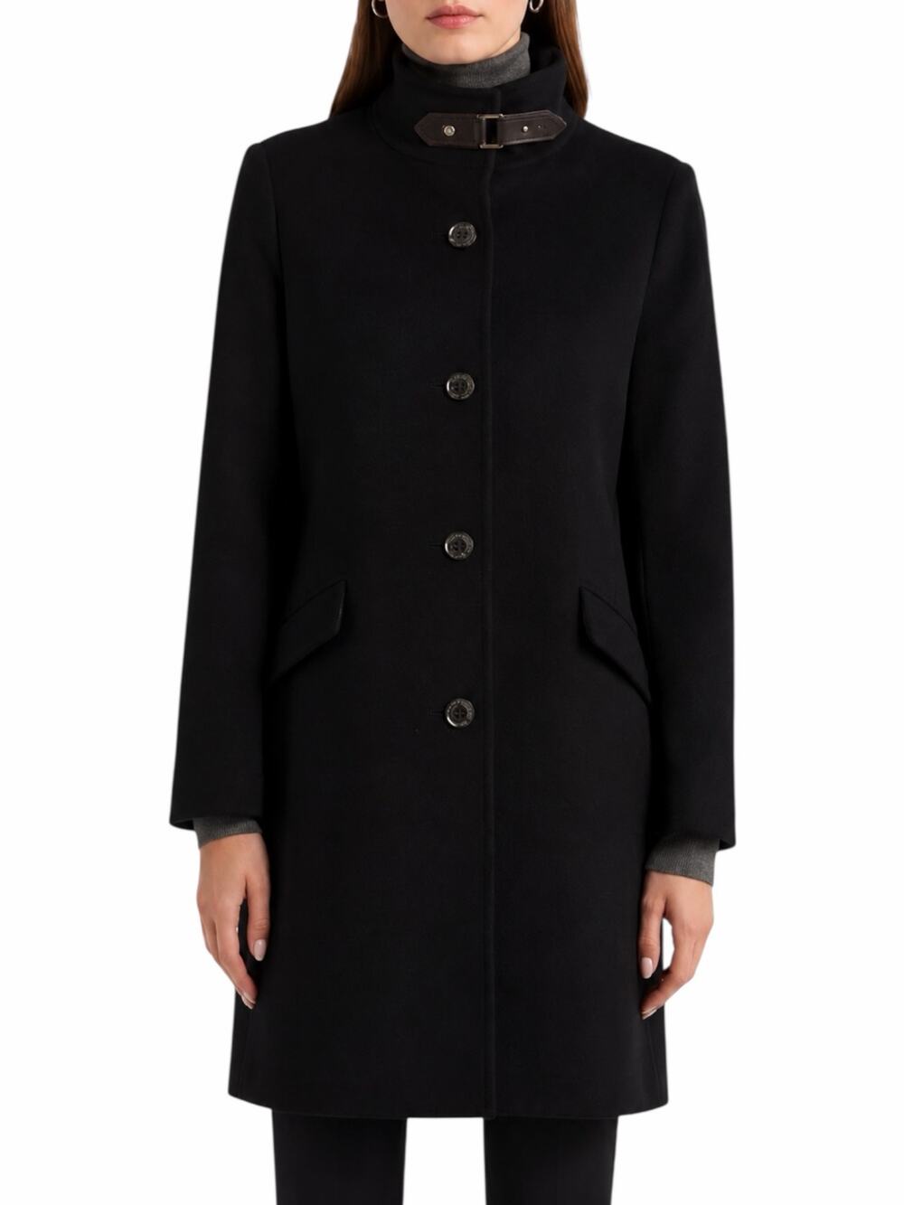 Lauren Ralph Lauren Tab Front Wool Blend Coat Solid Black Size 12